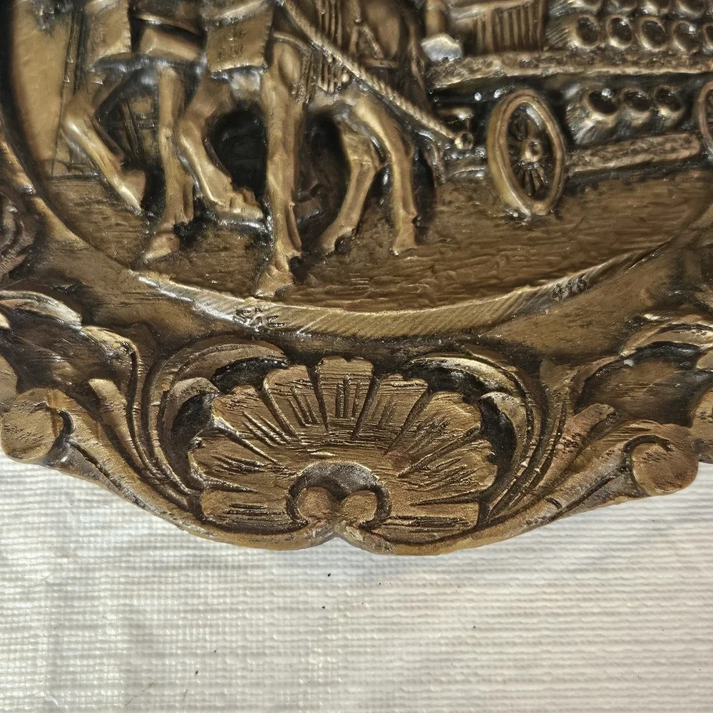 Vintage 3D Relief Brown Wood Resin Wall Plaque Horse Drawn Carriage Village 9
